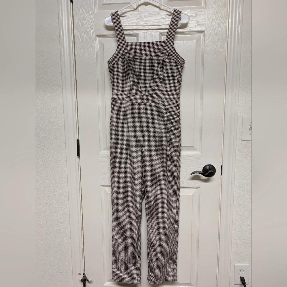 & Other Stories Belted Micro Gingham Houndstooth Overalls Brown S 4 Square Neck - Picture 4 of 14